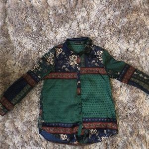 oversized patterned button down top